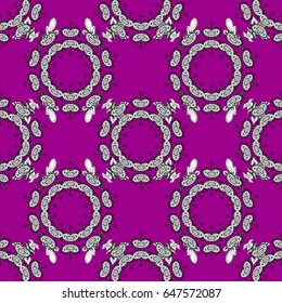 Floral ornament brocade textile pattern, glass, with floral pattern on magenta background with white elements. Classic vector seamless pattern.