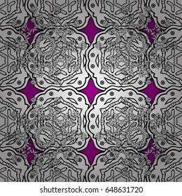 Floral ornament brocade textile pattern, glass, metal with floral pattern on magenta background with golden elements. Seamless classic vector golden pattern.