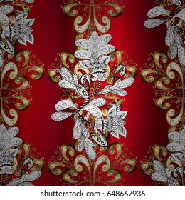 Floral ornament brocade textile pattern, glass, metal with floral pattern on background with golden elements. Ornamental classic vector golden pattern.