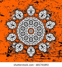 Floral ornament brocade textile pattern, glass, metal with floral pattern on orange background with white elements. Classic vector white pattern.