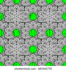 Floral ornament brocade textile pattern, glass, metal with floral pattern on green and white background with white elements. Classic vector white pattern.