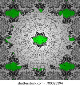 Floral ornament brocade textile pattern, glass, metal with floral pattern on green background with white elements. Classic vector white pattern.