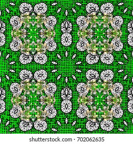 Floral ornament brocade textile pattern, glass, metal with floral pattern on green background with white elements. Classic vector white pattern.