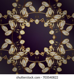 Floral ornament brocade textile pattern, glass, metal with floral pattern on lilac and purple background with golden elements. Classic vector golden seamless pattern.