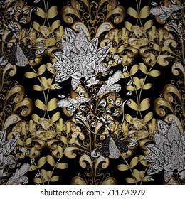 Floral ornament brocade textile pattern, glass, metal with floral pattern on black background with golden elements. Seamless classic vector golden pattern.