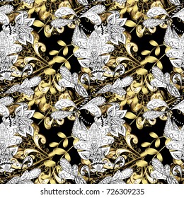 Floral ornament brocade textile pattern, glass, metal with floral pattern on white, black and yellow colors with golden elements. Seamless classic vector golden pattern.