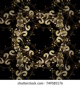 Floral ornament brocade textile pattern, glass, metal with floral pattern on black, brown and beige colors with golden elements. Classic vector golden seamless pattern.