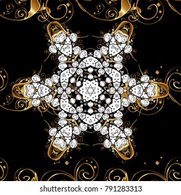 Floral ornament brocade textile pattern, glass, metal with floral pattern on black colors with golden elements. Seamless classic vector golden pattern.