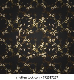Floral ornament brocade textile pattern, glass, metal with floral pattern on black colors with golden elements. Classic vector golden seamless pattern.