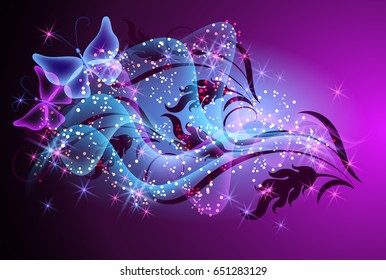 Floral ornament with butterflies and glowing smoke with sparkle stars