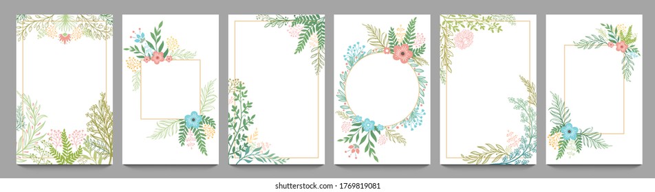 Floral ornament card frame. Plant branches border, vintage frame design with flowers and leaf vector illustration set. Frame floral branch banner, border card green