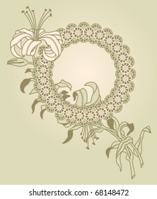 floral ornament from the chaplet of chamomiles and lily on a green background