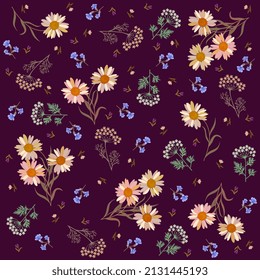Floral ornament with daisies and umbrella flowers and tiny buds on a deep purple background in vector. Seamless pattern in vintage style. Print for fabric, wallpaper.