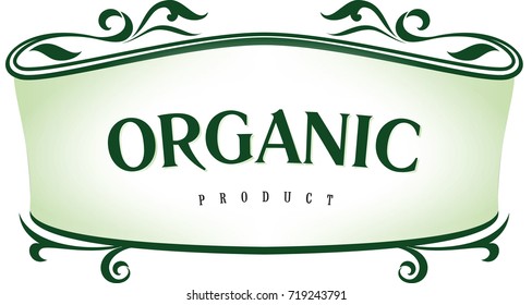 Floral ornament decoration frame with inscription "organic product" on green background.
