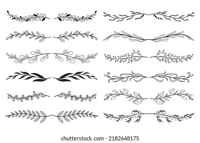 Floral ornament dividers set in hand drawn design. Leaves, twigs, plants and branches. Bundle of botanical ornaments scrolls decoration and decorative branch. Vector illustration isolated collection