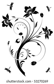 Floral ornament with dragonfly, element for design, vector illustration