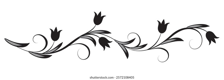 Floral ornament with flowers, leaves and abstract lines. Decorative element for decor and greeting or invitation card design.