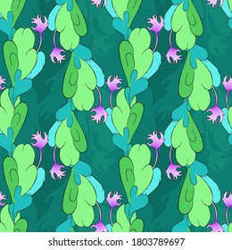 Floral ornament in folk style, green background, leaves and field stylized flowers