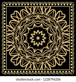 Floral ornament with frame, border. Art-deco background. Bandanna, shawl, scarf, tablecloth design.