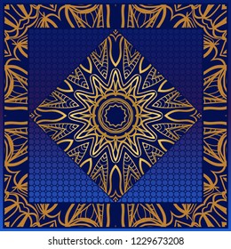 Floral ornament with frame, border. Art-deco background. Bandanna, shawl, scarf, tablecloth design.