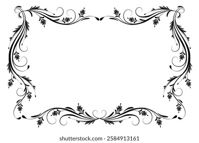 Floral ornament frame with flowers, leaves and abstract lines. Graceful element for decor and greeting or invitation card design