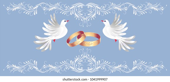 Floral ornament frame, golden rings and two dove for decorative congratulatory celebration greeting card or wedding invitation