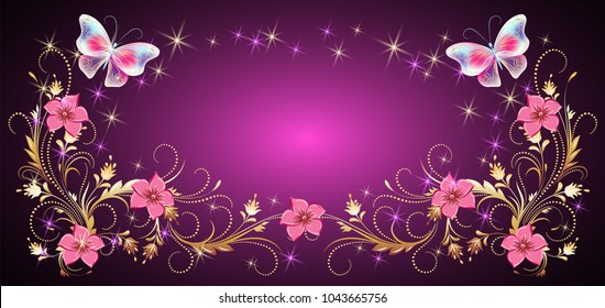 Floral ornament frame with magic butterflies for decorative greeting card, wedding invitation, birthday, holiday or event
