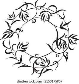 Floral ornament framed in a circle. Hand drawn compositions with decorative flowers. Outline drawing calligraphy. Vintage botanical illustrations.