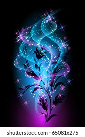 Floral ornament with glowing smoke and sparkle stars 