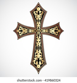 floral ornament golden cross / vector illustration