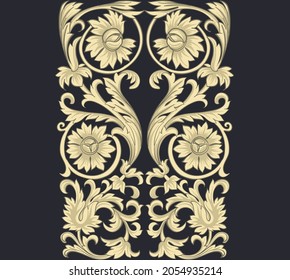 Floral ornament with golden swirls. Print with gold flowers on a black background.
Vintage vector ornament.
