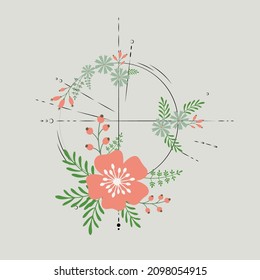 Floral ornament with graphic elements, tattoos, symbols. Vector image, warm colors