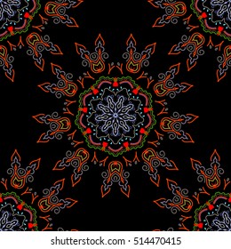 Floral ornament in green, brown and violet colors on a black background. Vector seamless background. Colored patterns antique.