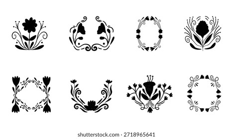 Conjunto de iconos de adornos florales en estilo de silueta de Vector con marcos y motivos decorativos para Plantillas de diseño y obras de arte EPS.