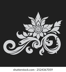 floral ornament with intricate swirls and leaves in monochrome and black background