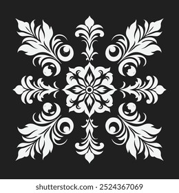 floral ornament with intricate swirls and leaves in monochrome and black background