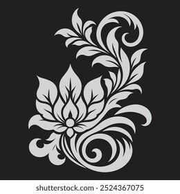 floral ornament with intricate swirls and leaves in monochrome and black background