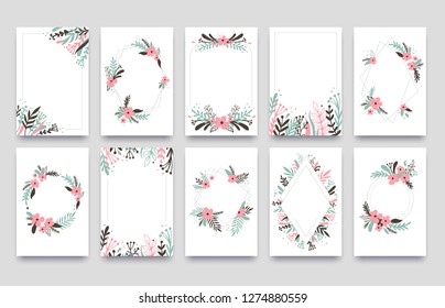 Floral ornament invitation card. Willow leafs frame border, ornaments frames corners and ornamental twig wedding cards. Spring flower greeting elegant card vector template isolated set