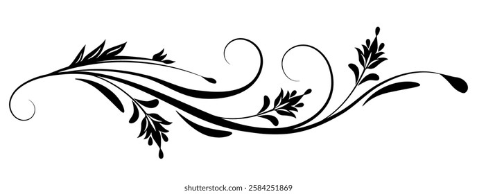 Floral ornament with leaves and abstract wave lines. Graceful element for decor and greeting or invitation card design