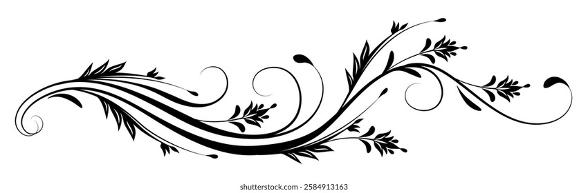 Floral ornament with leaves and abstract wave lines. Graceful element for decor and greeting or invitation card design