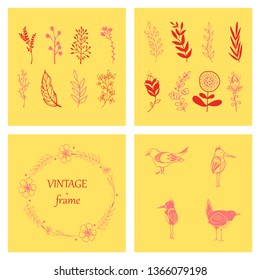 floral ornament of leaves, flowers, swirls collection. Hand drawn set For invitations, greeting cards, Wedding Frames