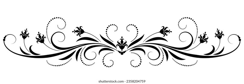 Floral ornament with lflowers, leaves and abstract lines. Graceful element for decor and greeting or invitation card design