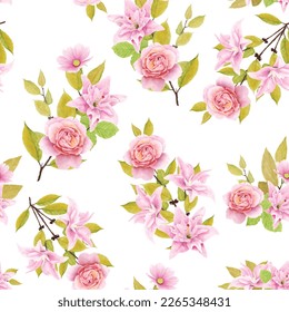 floral ornament with lily and roses illustration seamless pattern