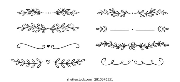 Floral ornament line border set. Hand drawn line doodle style floral divider elements. Flower, vine leaf ornament border frame text vintage flourish decoration. Vector illustration