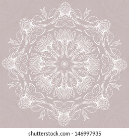 Floral ornament mandala background card with doodles iris