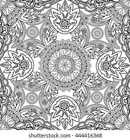 Floral ornament Mandala seamless pattern. Black and white ornamental texture. Geometric flower vector tiled background