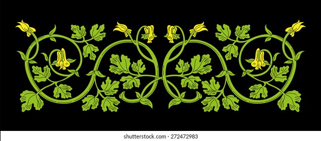 Floral ornament in medieval style. Color pattern of interwoven stems, foliage and flowers. Vector frame, elegant vignette, design element and page decoration