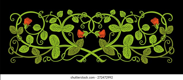 Floral ornament in medieval style. Color pattern of interwoven stems, foliage and flowers. Vector frame, elegant vignette, design element and page decoration