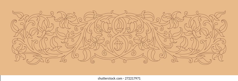 Floral ornament in medieval style. Pattern of interwoven stems, foliage and flowers. Vector frame, elegant vignette, design element and page decoration