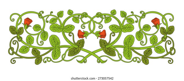 Floral ornament in medieval style. Pattern of interwoven stems, foliage and flowers. Vector frame, elegant vignette, design element and page decoration